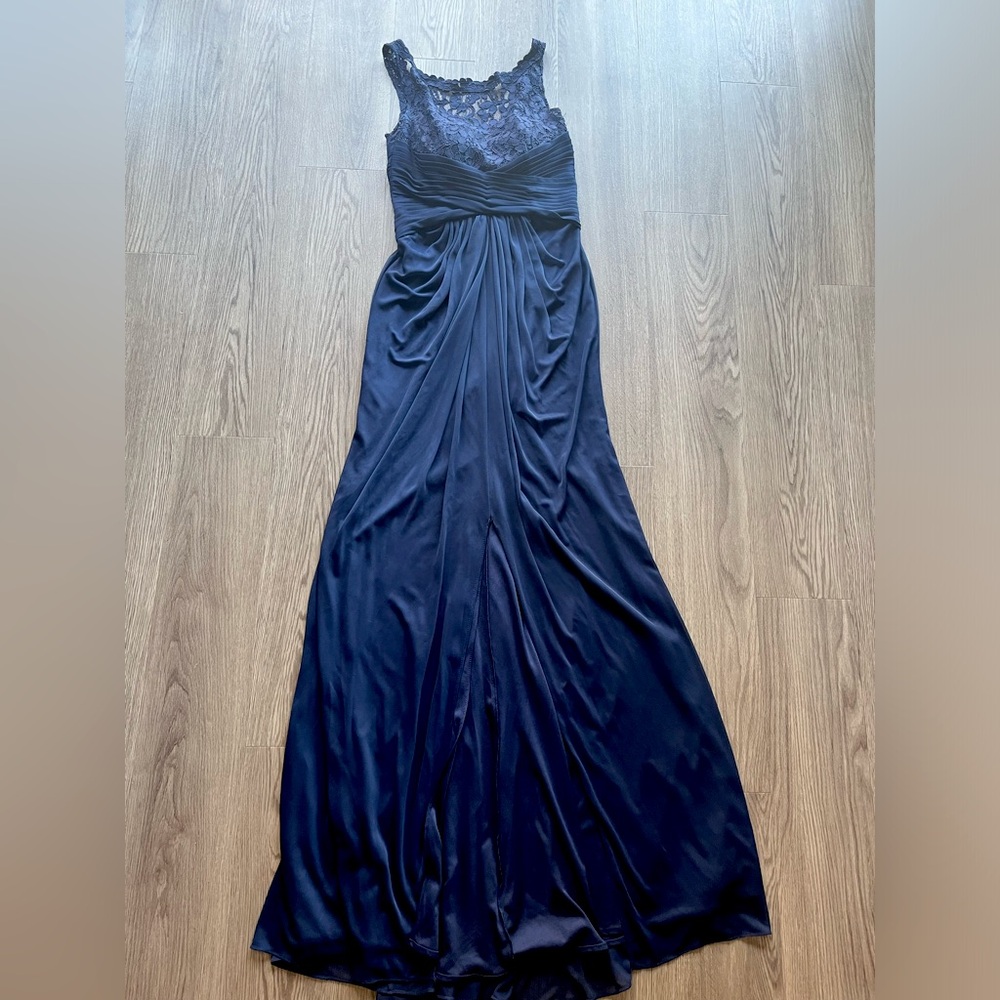 David's Bridal Womens Bridesmaid Dress Size 4 Blue Marine Lace Sleeveless Formal